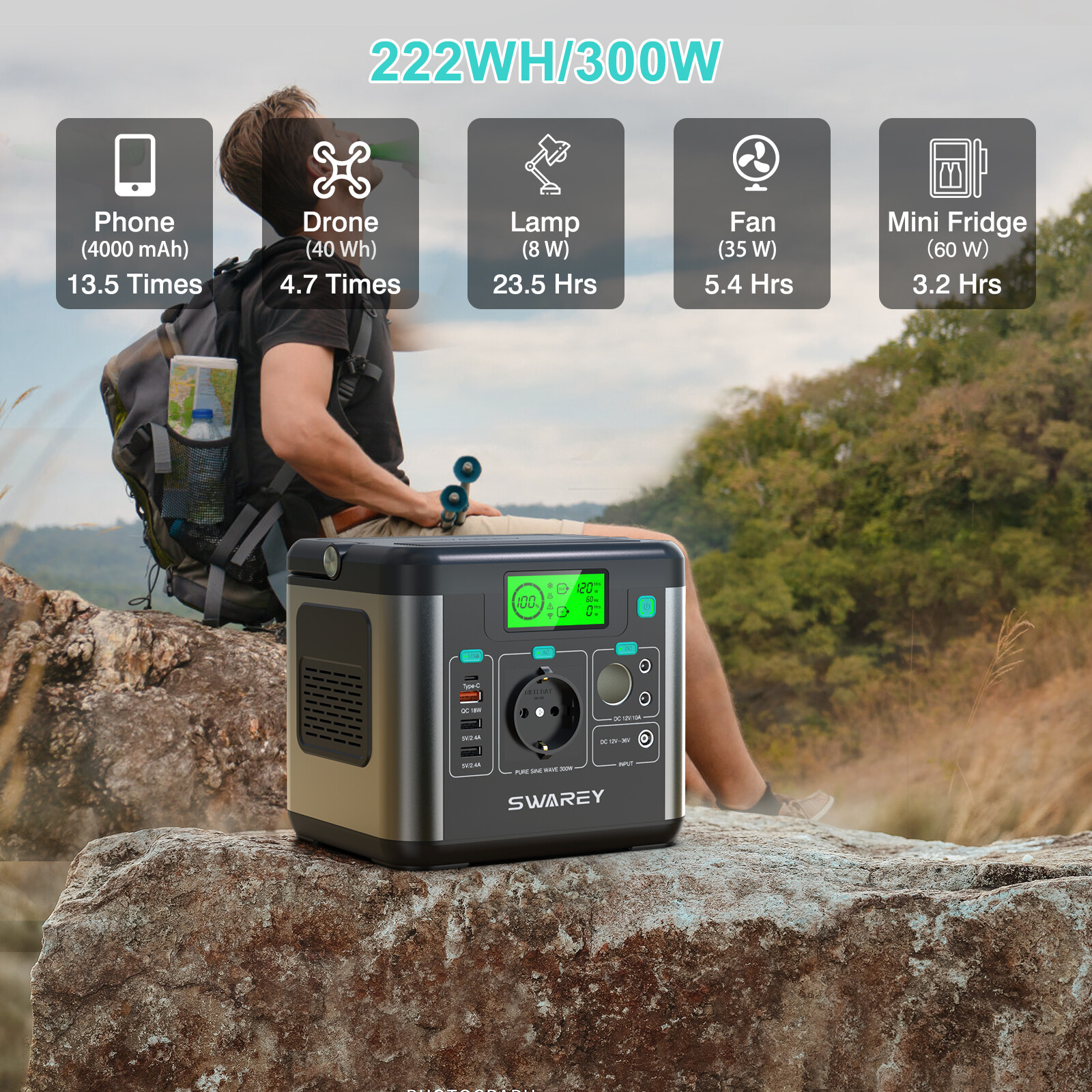 SWAREY Power Station with 100W Solar Panel, 222Wh Solar Generator, 300W (Peak 600W) AC