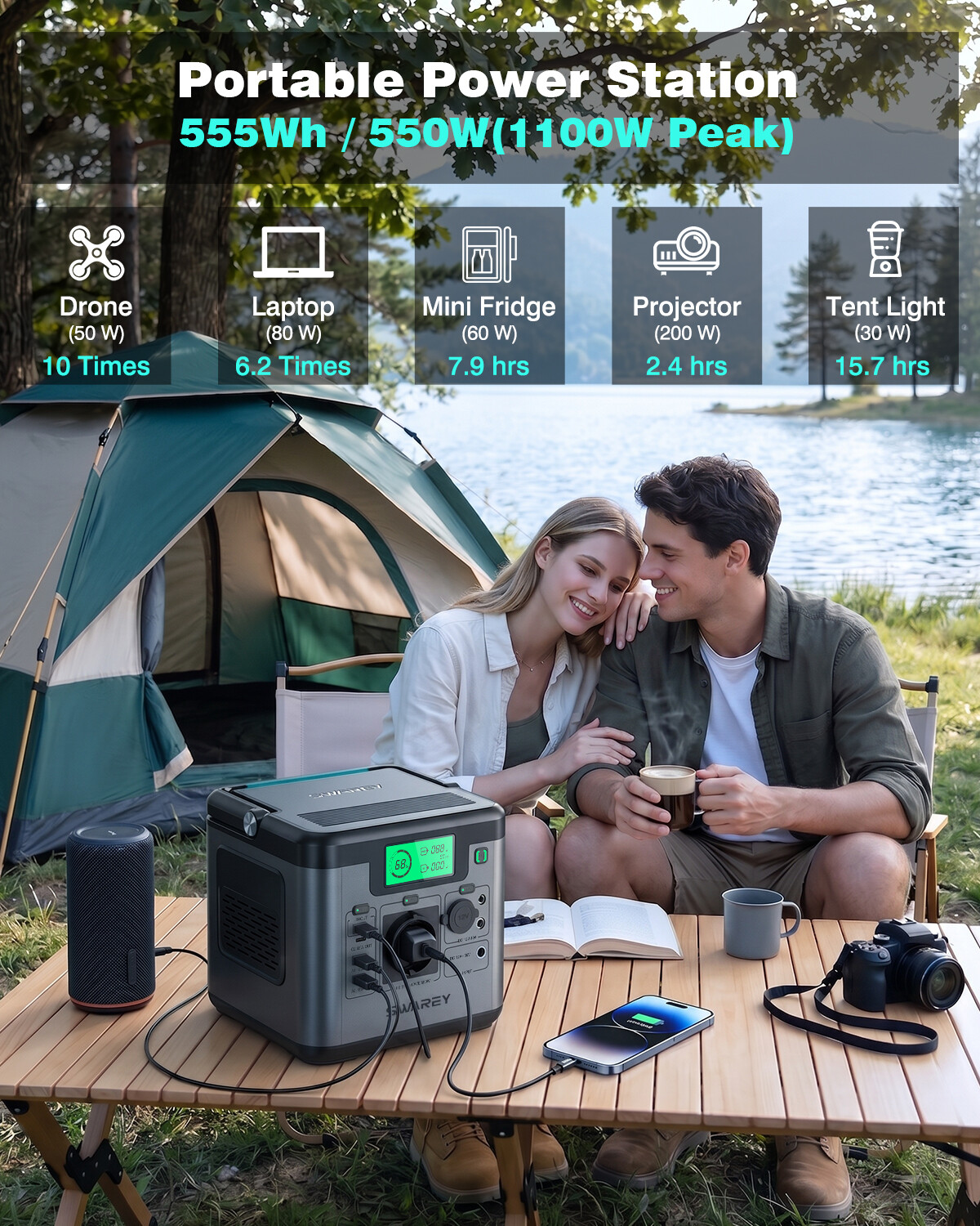 SWAREY Power Station S550, 555Wh Solar Generator, 550W (Peak 1100W) AC,140W USB-C