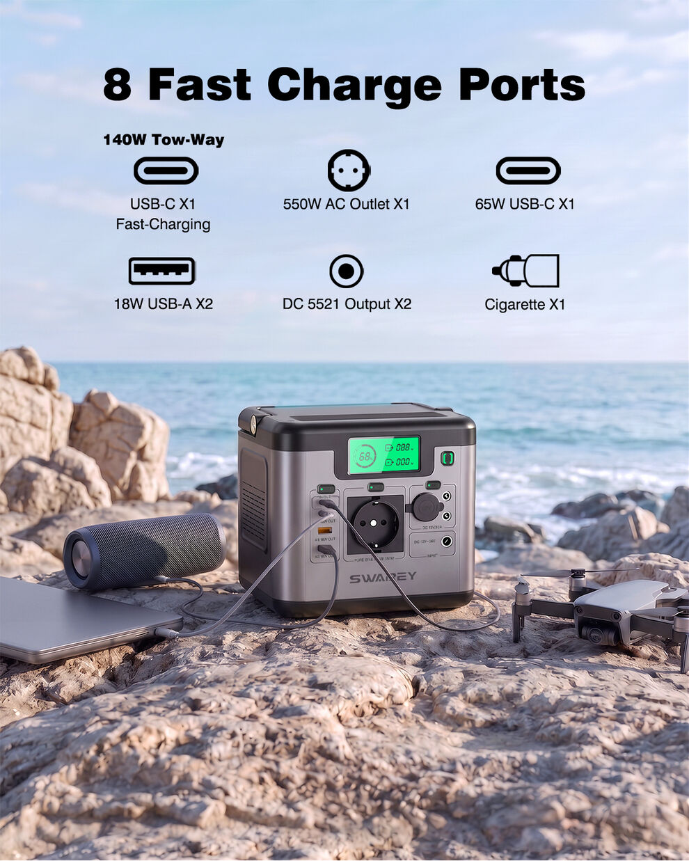 SWAREY Power Station S550, 555Wh Solar Generator, 550W (Peak 1100W) AC,140W USB-C image3